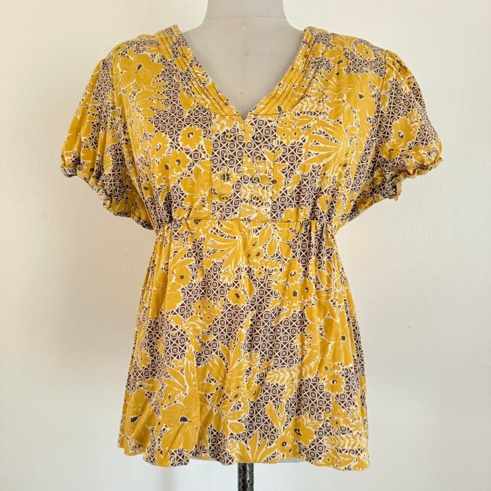 Y2K Cato Puff Sleeve Yellow Floral Babydoll Top Size XL 100% cotton cottagecore